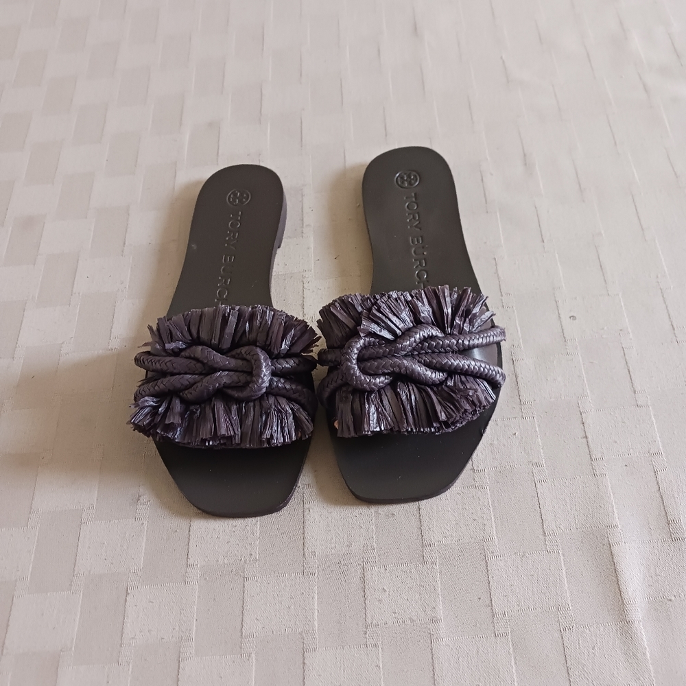Tory Burch Raffia Fringe Rope Flat Slide Sandals - Picture 3 of 13
